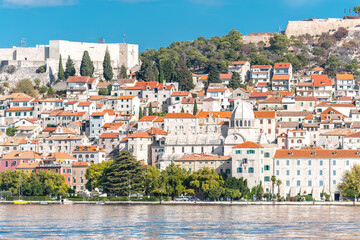 Sibenik cityscape with old town buildings and sea. Croatia