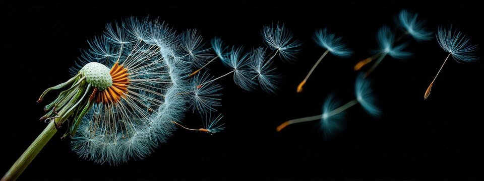 Close Up Shot Of A Dandelion With Seed Dispersion Against Black Background Neon Lighting Style