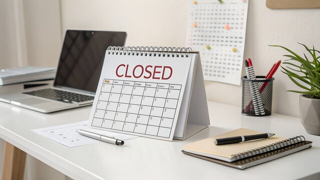Desk calendar prominently displaying a CLOSED sign indicating business closure or a temporary break from operations