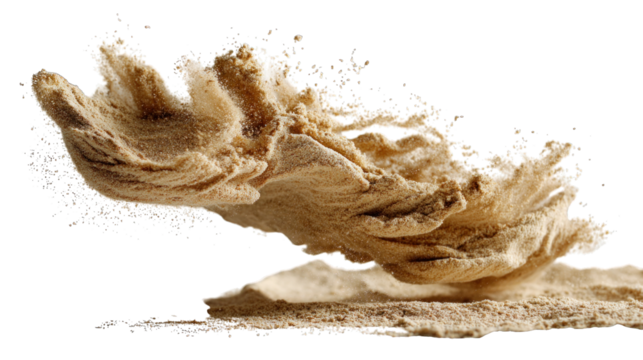 A dynamic display of a hand releasing a burst of fine sand, showcasing the fluidity and texture of the particles in mid-air.
