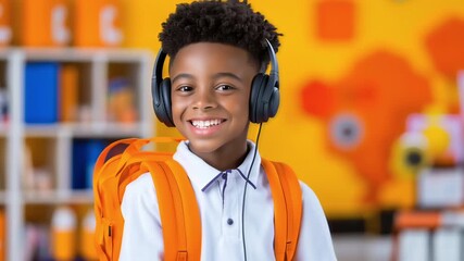 smiling schoolboy with backpack and headphones in colorful classroom listening to music or online lesson showing modern education and joy - Powered by Adobe