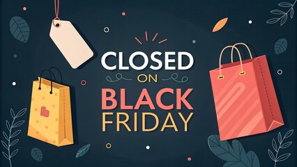 ''Closed on Black Friday sign with shopping bags and price tag on a dark background for holiday retail messaging''