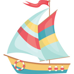 Colorful cartoon sailboat with red white and blue sails and yellow hull sailing on water with life...