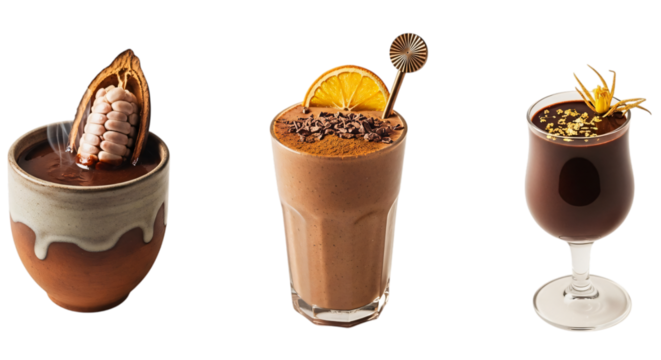 Three chocolate drinks with cocoa powder, orange slice, cocoa pod, and nuts isolated on transparent background