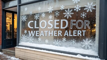 Storefront window displaying a 'CLOSED FOR WEATHER ALERT' sign adorned with snowflake decals and artificial snow during winter