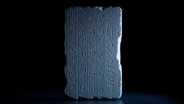 Ancient Egyptian stone tablet with hieroglyphs illuminated against a dark background in a museum setting Generative AI