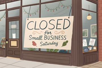 Closed sign for Small Business Saturday hanging on a charming storefront window with festive string lights
