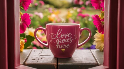 Pink mug with heart-shaped handles and 'Love grows here' text on wooden windowsill, surrounded by vibrant flowers in a sunlit garden, shallow depth of field