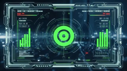 Futuristic holographic display interface with data visualization and targeting system - Powered by Adobe