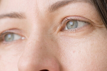 Fototapeta premium Human Woman Face extreme close up. Macro Shot of Feale Gray Eye. Vision. Healthy Eyesight Concept. Front view. Mature Adult Looking at Camera Blinking Eyelashes. Eye Opening Wide. Soft Selective Focus