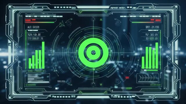Futuristic holographic display interface with data visualization and targeting system - Powered by Adobe