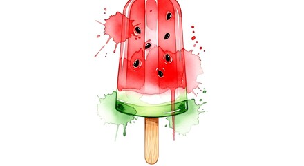 Watercolor Watermelon Popsicle Illustration with Splatters and Drips.