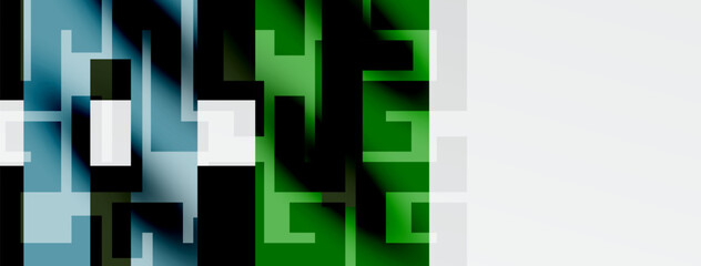 Abstract geometric shapes, blue, green hues dominate. Minimalist design, modern aesthetic, clean lines present. Composition feels balanced, intriguing.