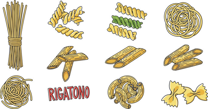 Italian pasta different types fusilli, spaghetti, gomiti rigati, farfalle and rigatoni, ravioli in circle frame poster vector illustration. 