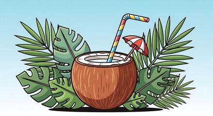 Tropical Coconut Drink with Straw and Umbrella Surrounded by Green Leaves.