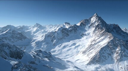 A snowy mountain range under a clear blue sky,