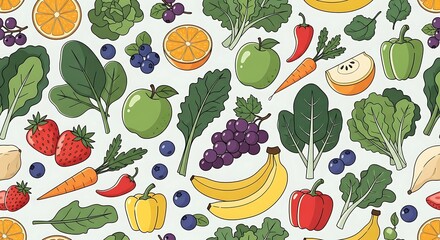 Vibrant Assortment of Fresh Fruits and Vegetables Seamless Pattern.