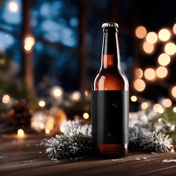 Beer bottle mockup with black label and glowing fairy lights