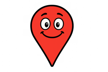 Happy red map pin character smiling, finding location, showing navigation, tracking route, transparent background