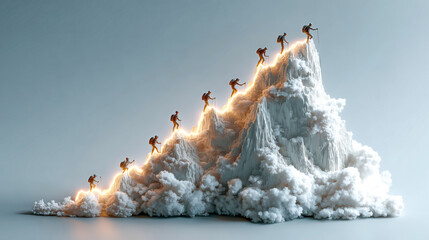 Glowing finance corporate team mountain climb success concept business growth teamwork progress goal achievement upward trend leadership dynamic light strategy ambition perseverance challenge