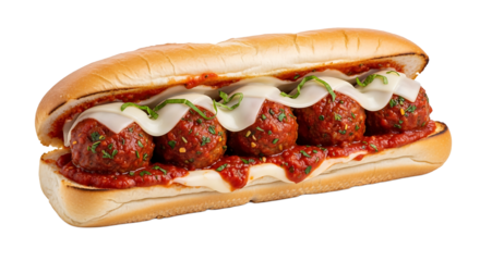 A meatball sub with plenty of sauce, cheese, and fresh basil, creating a delightful and savory sandwich experience.