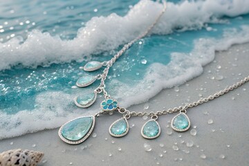 A crystal necklace formed from ocean foam and salt gems shaped like droplets caught mid splash iridescent textures marine fantasy aesthetic soft blue glow