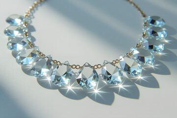 A necklace of crystals shaped like mirrored tears showing tiny reflected worlds inside each gem introspective tone emotional fantasy