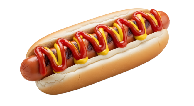 A delicious grilled sausage hot dog with a soft bun, topped with a zig zag of mustard and ketchup, ready to be enjoyed.