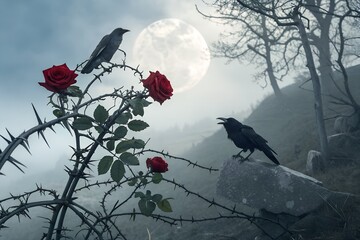 gothic roses with thorns of silver and black glowing faintly under moonlight surrounded by mist and ravens dark fantasy setting ethereal atmosphere