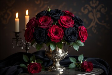 dark gothic roses in full bloom black and deep crimson petals ornate silver vase candlelight glow dramatic shadows moody atmosphere vintage baroque style
