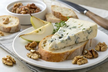 Gorgonzola creamy blue veined cheese spread on bread slice walnuts and pear beside elegant composition