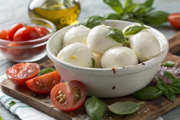 white mozzarella balls in ceramic bowl with basil and tomatoes glossy freshness