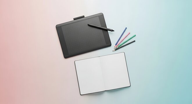 Top view of a digital drawing tablet and stylus pens arranged on a gradient background