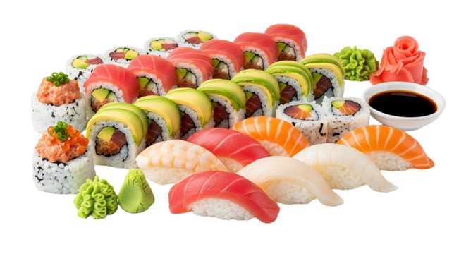 Exquisite sushi platter featuring a delightful assortment of rolls and nigiri, perfect for sharing or indulging alone! - Powered by Adobe