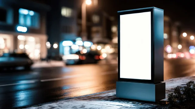 Advertising lightbox mockup with holiday sale design on snowy night