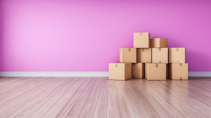 Cardboard boxes on wooden floor against empty pink wall. New apartment and moving concept