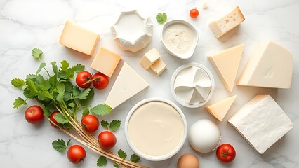 An array of fresh dairy products artfully arranged on a marble surface, showcasing natural textures.