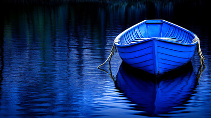 Vibrant blue wooden boat on calm blue waters. Tranquil solitude concept