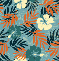 	
Vector seamless pattern Exotic wallpaper of tropical flowers green leaves of palm trees and flowers, hibiscus, artwork for fabrics, souvenirs, packaging, greeting cards	
