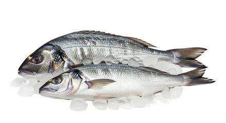 Obraz premium Two raw fishes, laid on pile of ice. Fishes have silver scales and grey fins, and are ready to be cooked.