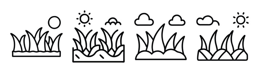 Illustration of grass patches with sun and clouds vector design nature landscape drawing art