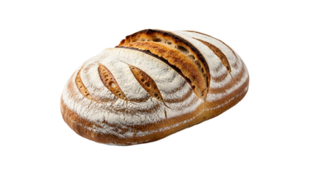 Freshly baked sourdough loaf with a crisp crust and dusted with flour, a testament to artisanal baking craft.