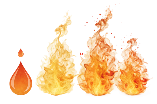 Fire and drop of liquid isolated on transparent background