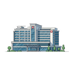 Modern Hospital Building with Helipad and Greenery.