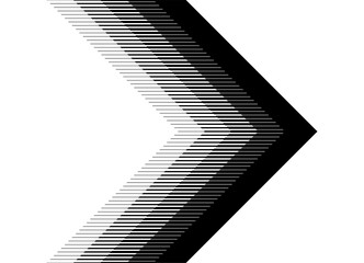Striped vector arrow black on white background. Modern halftone pattern from lines. Design element. Vector background. Pointer, direction, navigation.