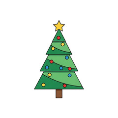Simple cartoon Christmas tree with star and colorful ornaments.