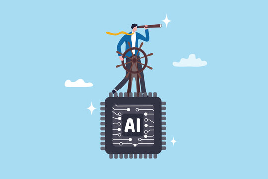 Future of AI Artificial Intelligence, control direction or innovation, governance of information AI usage, implementation and automation system, businessman control AI chip to the right direction.