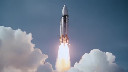 Captured moment: A tall rocket ascends through a cloud of smoke from the launch pad, with industrial scaffolding on the sides, sky in the backdrop. - Powered by Adobe