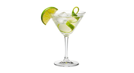 An icy cocktail sits in a martini glass, adorned with a lime wedge and peel, promising a cool and refreshing experience.