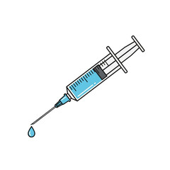 Medical Syringe with Blue Liquid and Droplet.